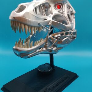 Crâne de T-Rex inspiré de Terminator, avec finition métal/chrome.