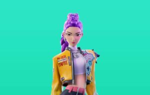 Stylized female video game character with purple braid, yellow jacket, and cropped purple top, standing confidently against a teal background.