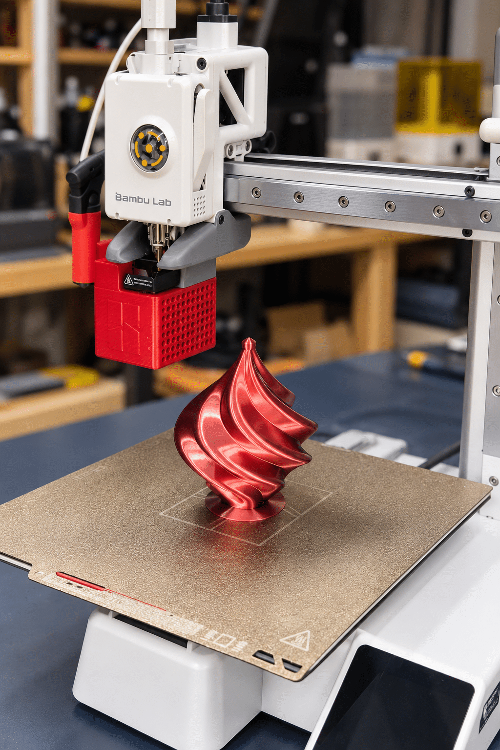 Bambu Lab A1 Mini - protection provisoire du hotend ‣ Atelier 34 Tête d’impression de Bambu Lab A1 Mini avec protection provisoire en bande cache pendant les tests
